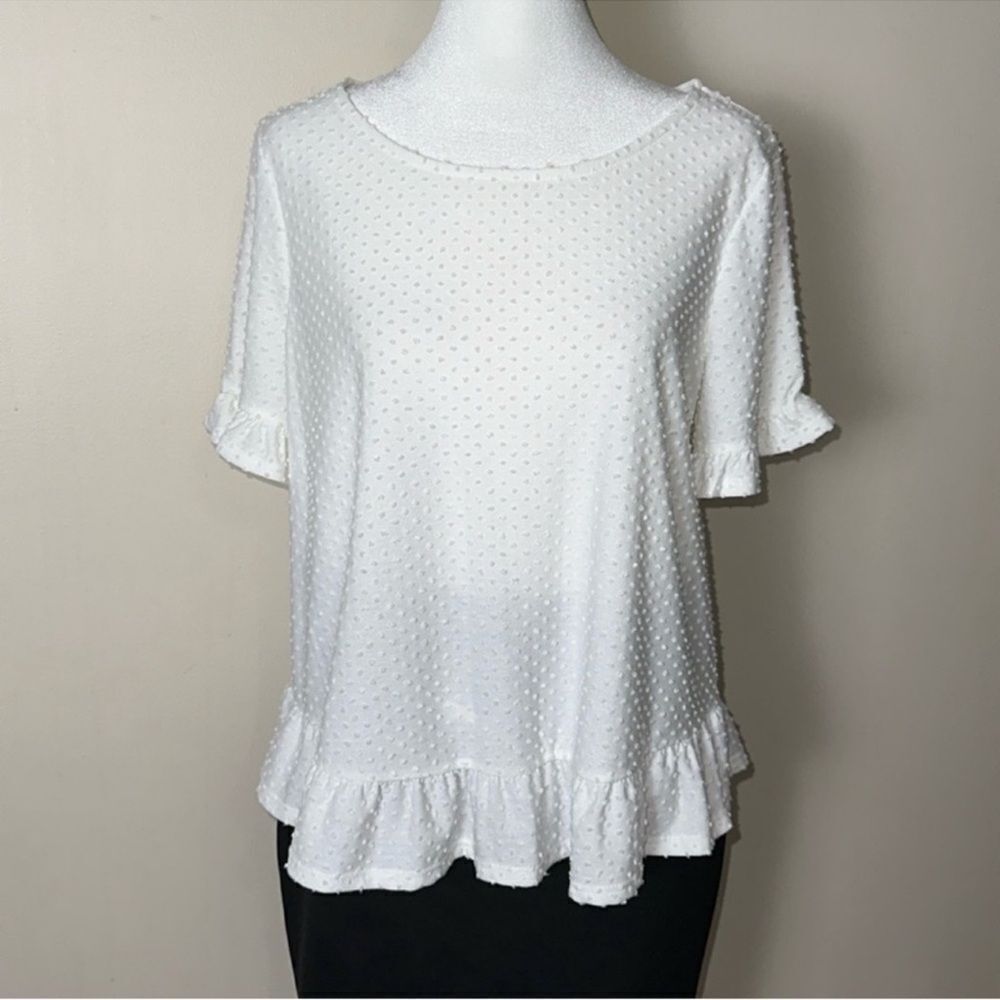W5 x Anthro L White Swiss Dot Short Ruffle Sleeve & Hem Top